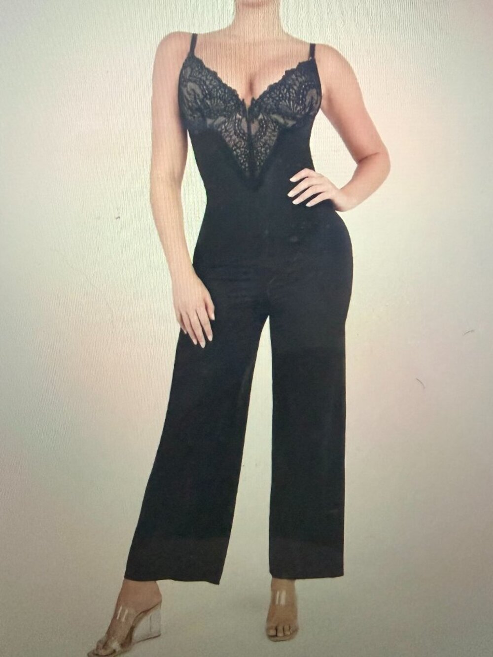 Popilush Womens Lace Deep V-Neck Sculpting Wide Leg Jumpsuit Sz M Tummy Control
